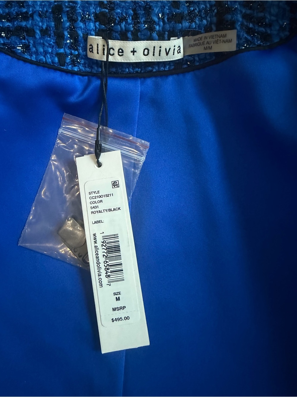 NWT Alice+Olivia Royal Blue and Black Kidman Tweed Jacket w/ Fringe Trim - Picture 8 of 8